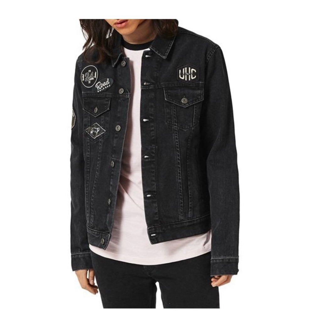 Topman Denim Jacket With Patches Faded Black Jean Jacket